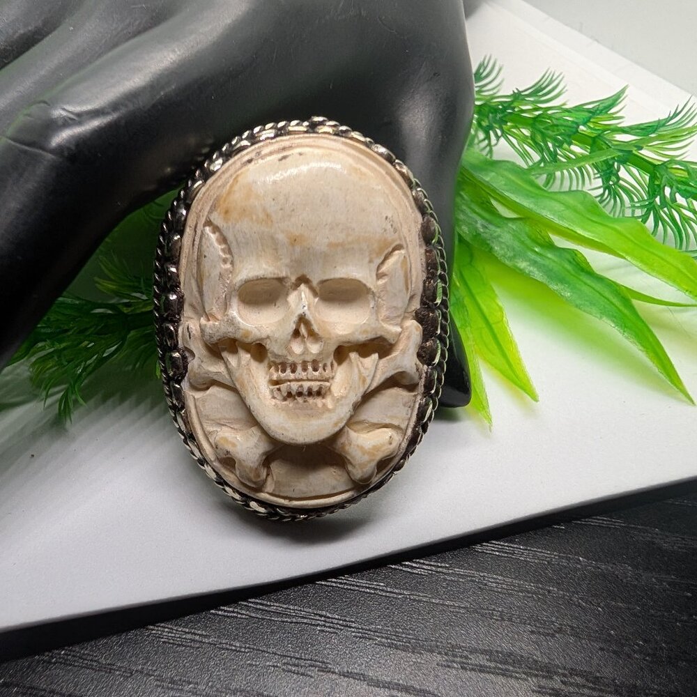 Skull and Crossbones! Carved Bone and Tibetan Silver Skull and Cross Bones Ring